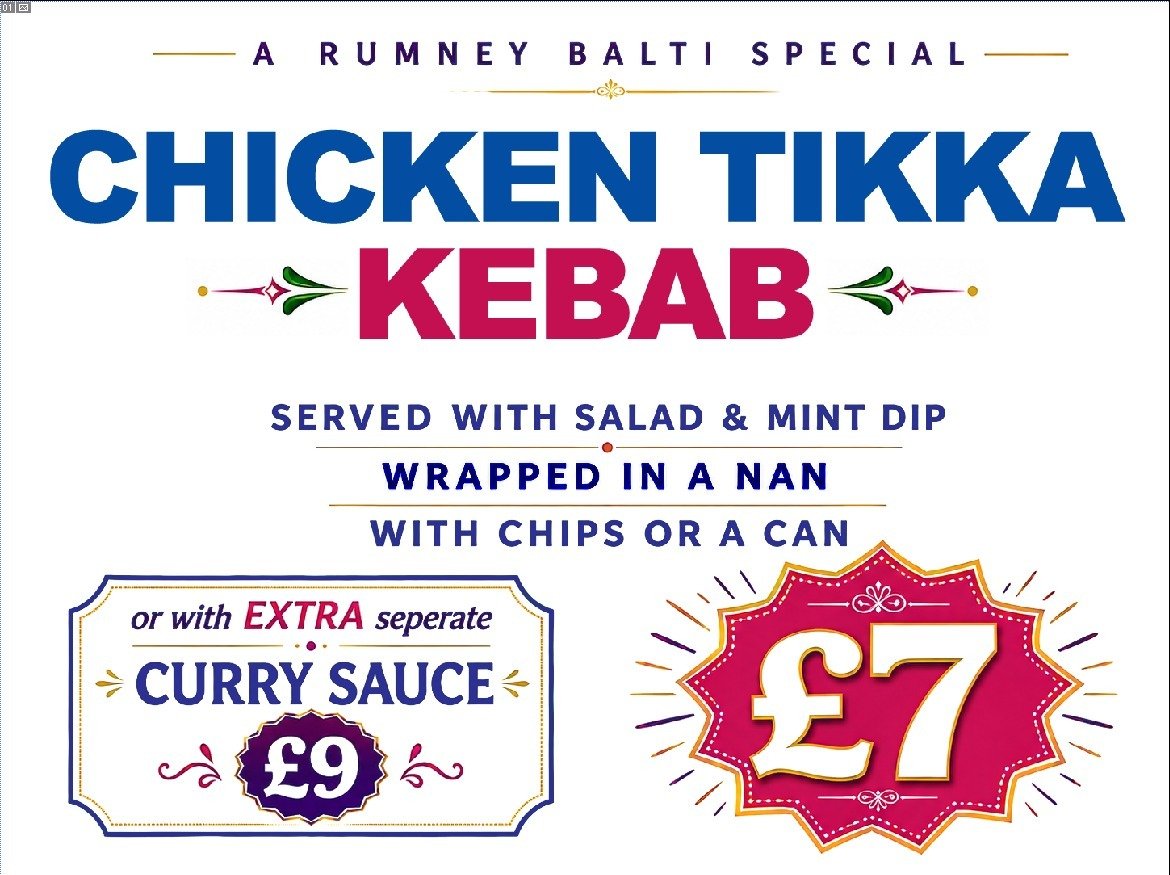 Chicken Tikka Kebab wrapped in naan with salad and mint dip, £7